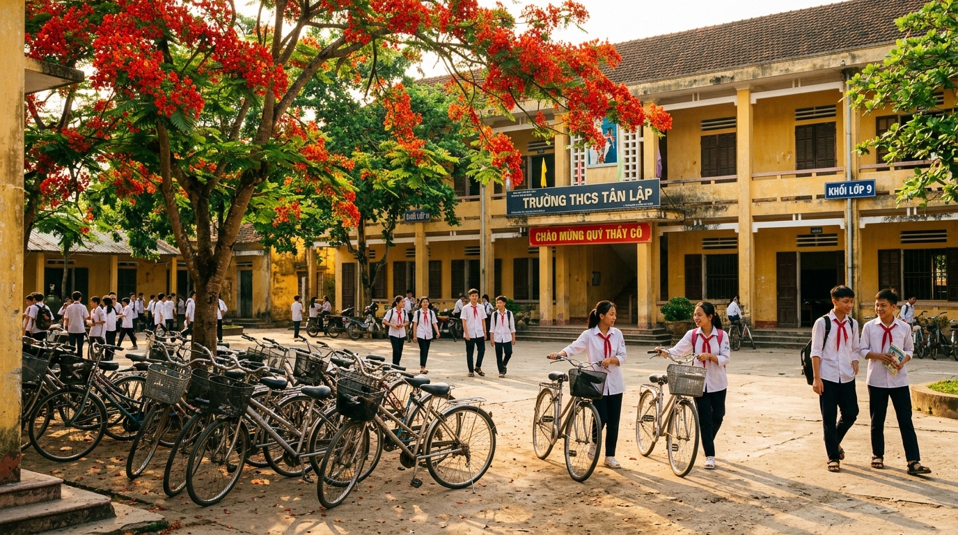 Sân trường với hàng cây phượng và dãy lớp học