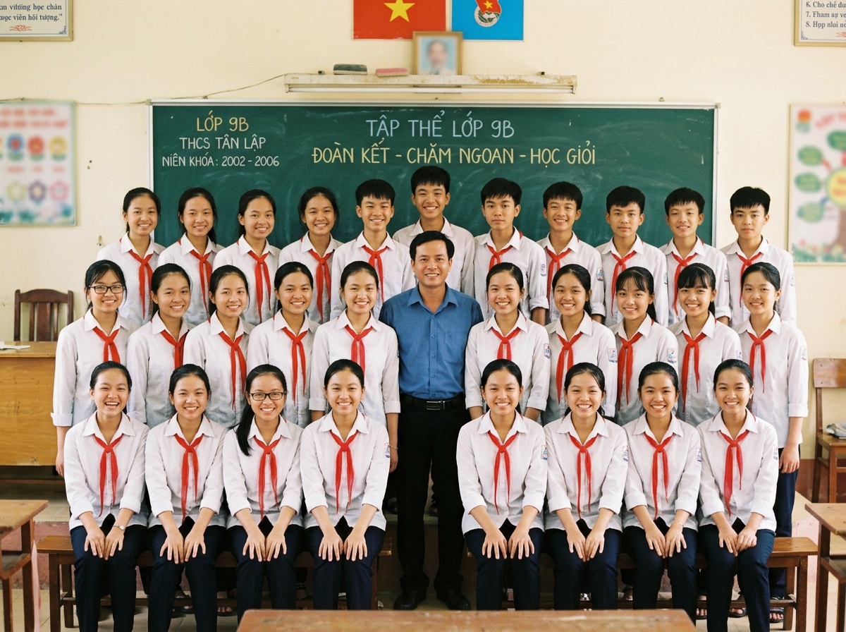 Tập thể học sinh và thầy giáo trong lớp học